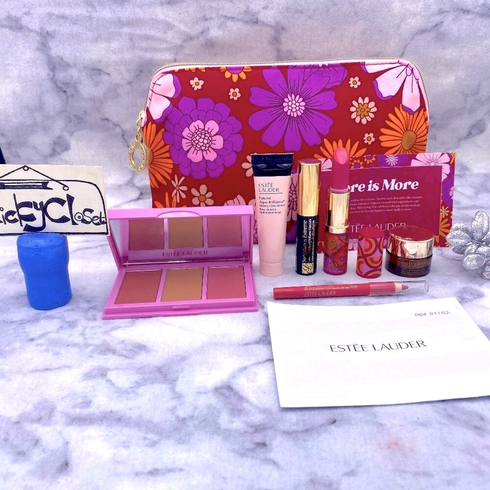 Estee Lauder Beauty Set-Flower Pink Pouch, Primer,Blush,Mascara,Lipstick-7pc-NEW